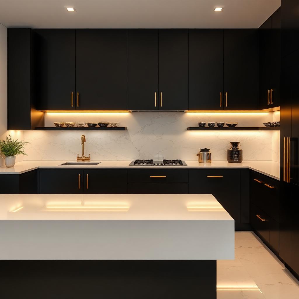 مطبخ مودرن أسود فاخر بمقابض ذهبية وجزيرة كوارتز أبيض بالرياض