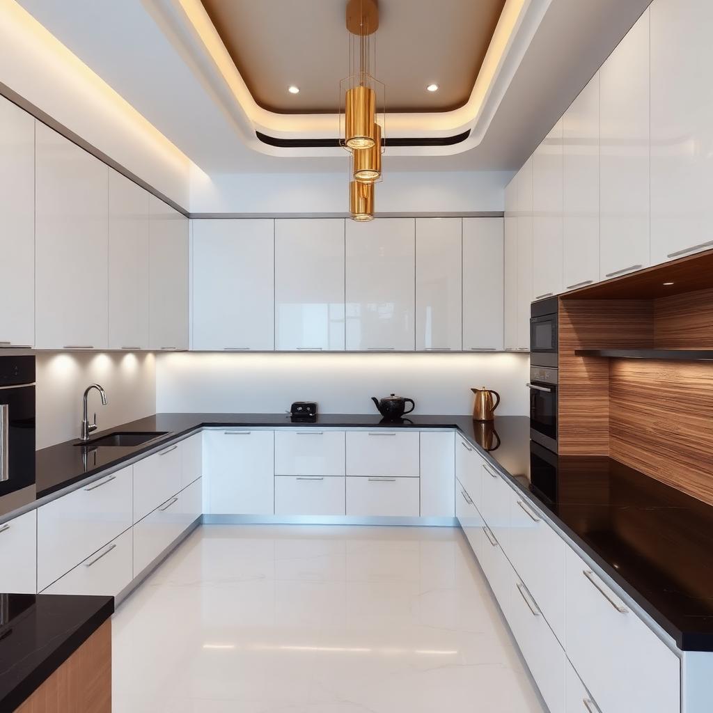 مطبخ U-شكل أبيض لامع بأكريليك ولمسات خشبية وأسطح كوارتز داكن
